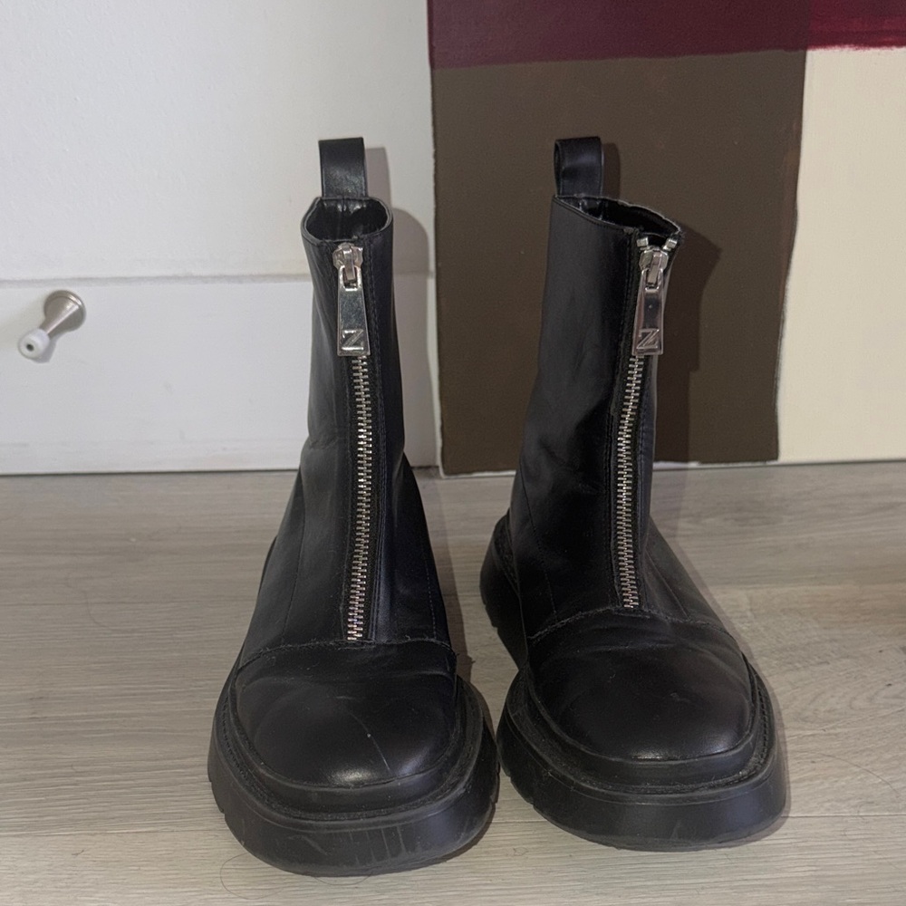 Zara Black Front-Zip Combat Moto Boots